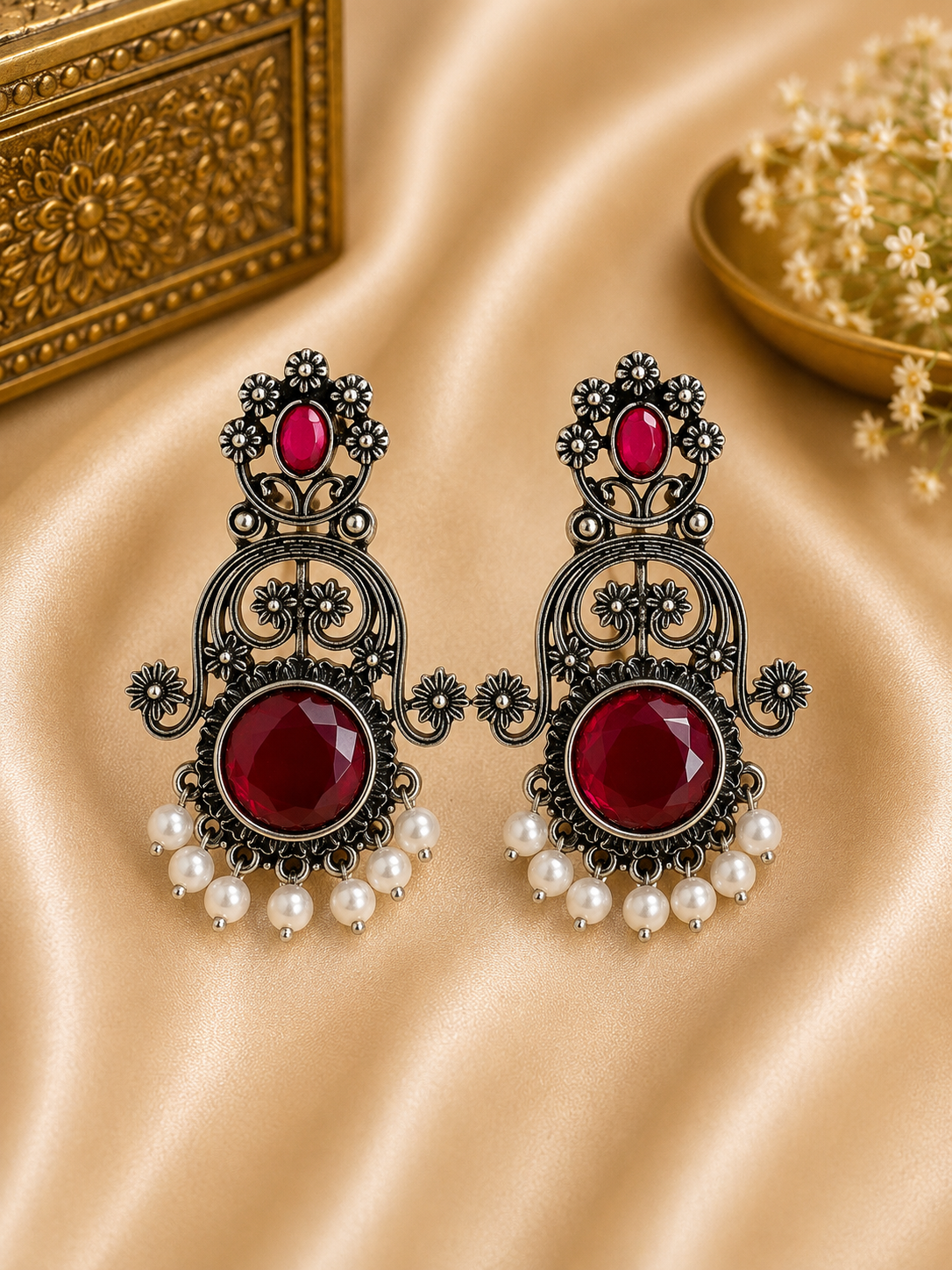 Vintage Ruby Pearl Statement Earrings