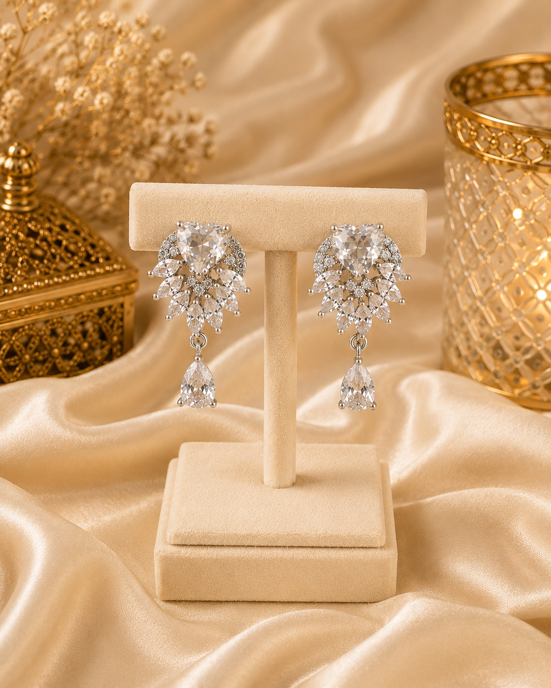 Luxury Heart Crystal Drop Earrings – Silver Finish