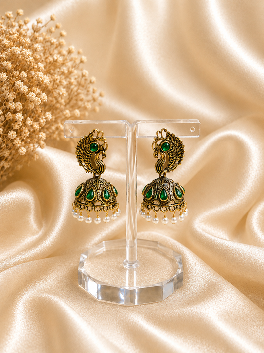 Emerald Peacock Jhumka Earrings with Pearl Drops