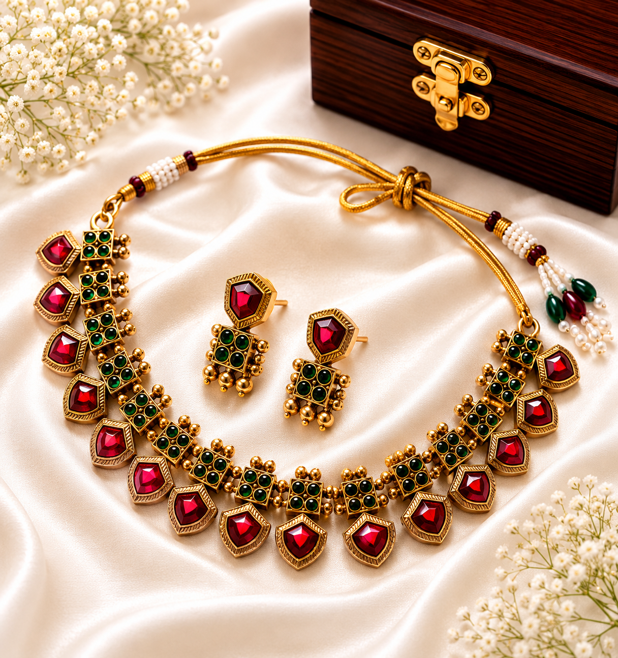 Antique Ruby Shield & Green Cluster Choker Necklace Set