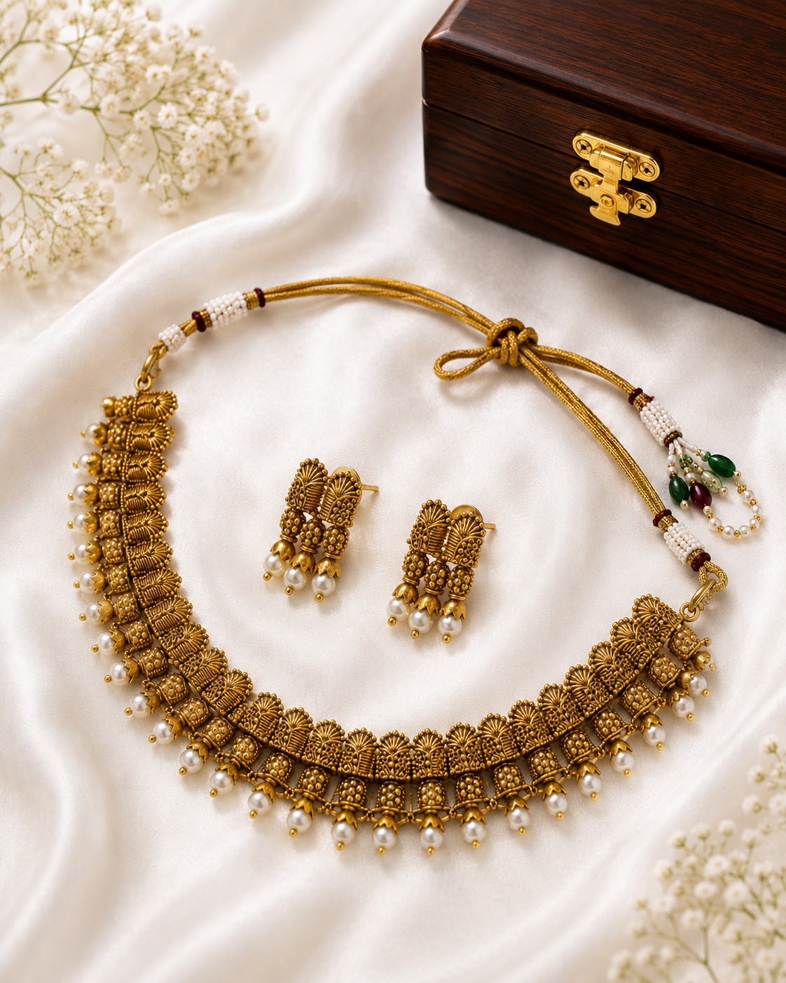 Antique Pearl Bell Temple Choker Necklace Set