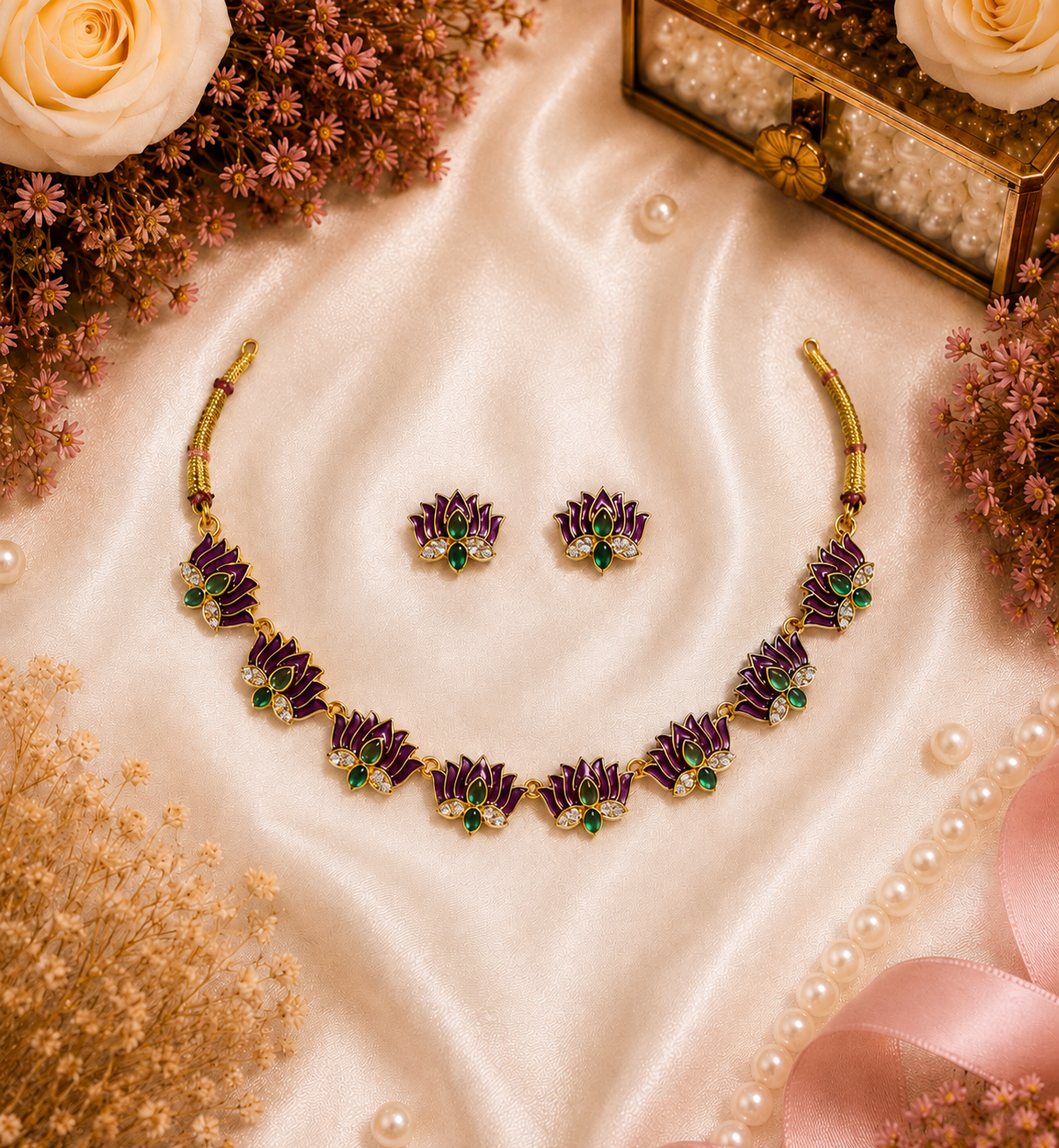 Royal Lotus Enamel Necklace Set