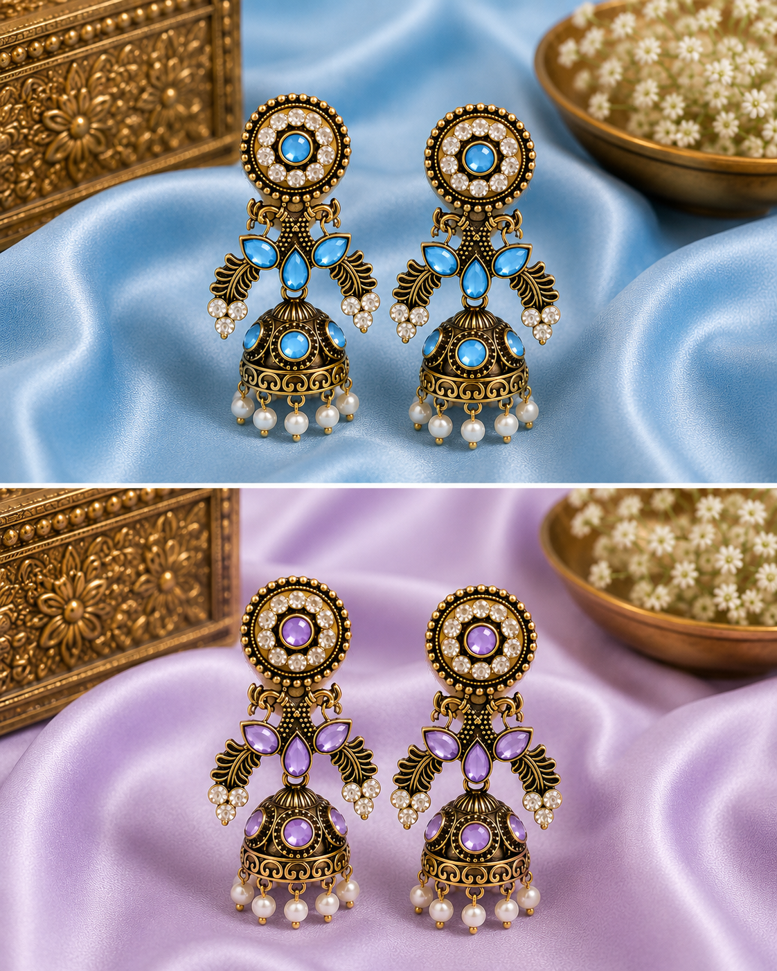 Antique Ruby Stone Jhumka Earrings with Pearl Drops