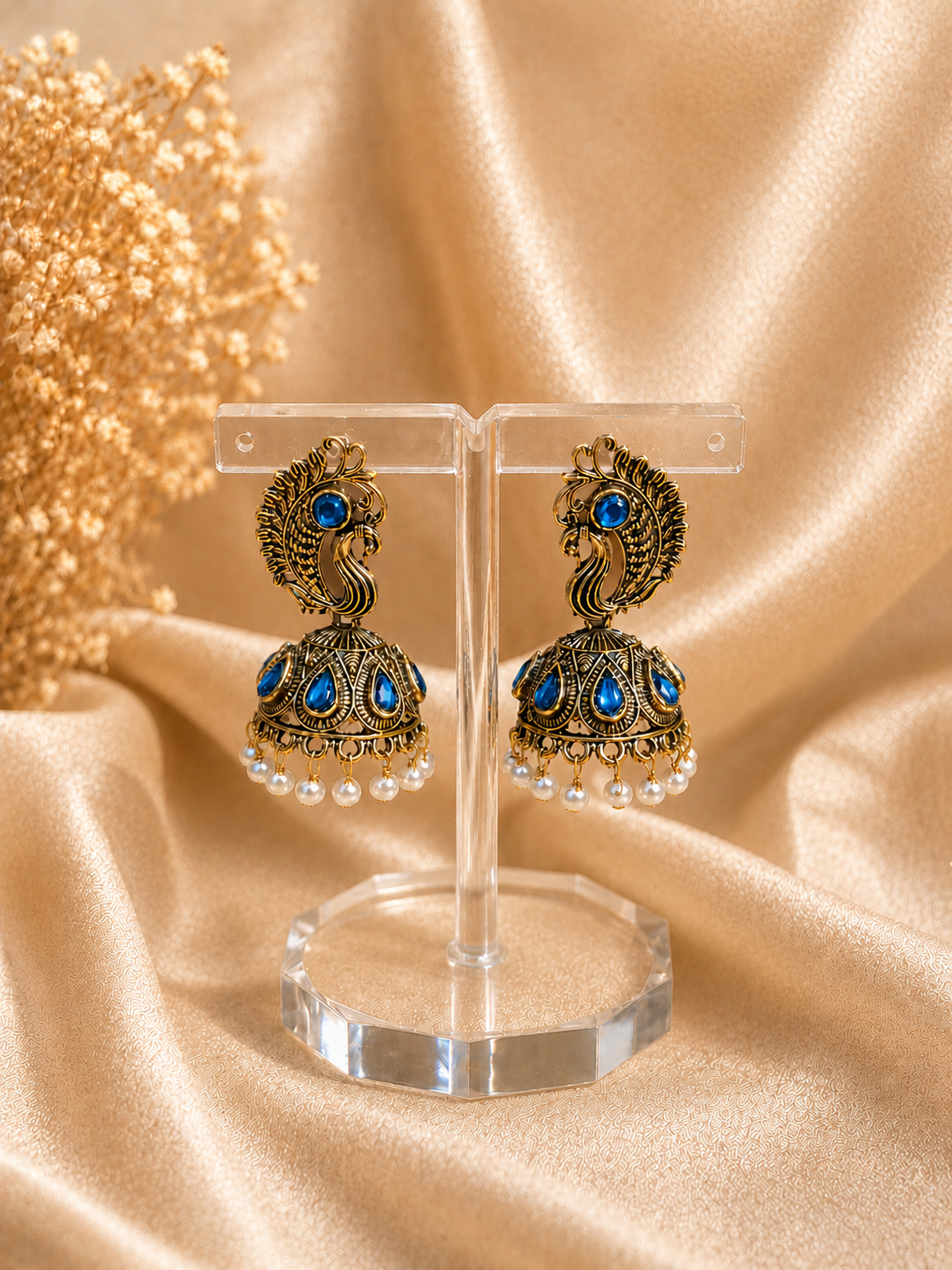 Emerald Peacock Jhumka Earrings with Pearl Drops