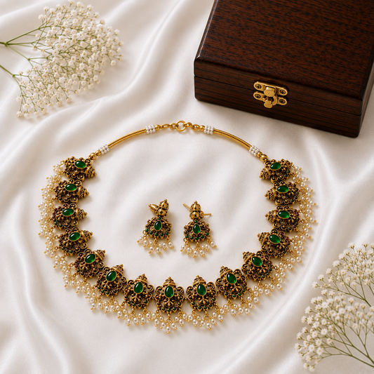 Traditional Antique Gold-Tone Green Stone Necklace Set with Pearl Tassels