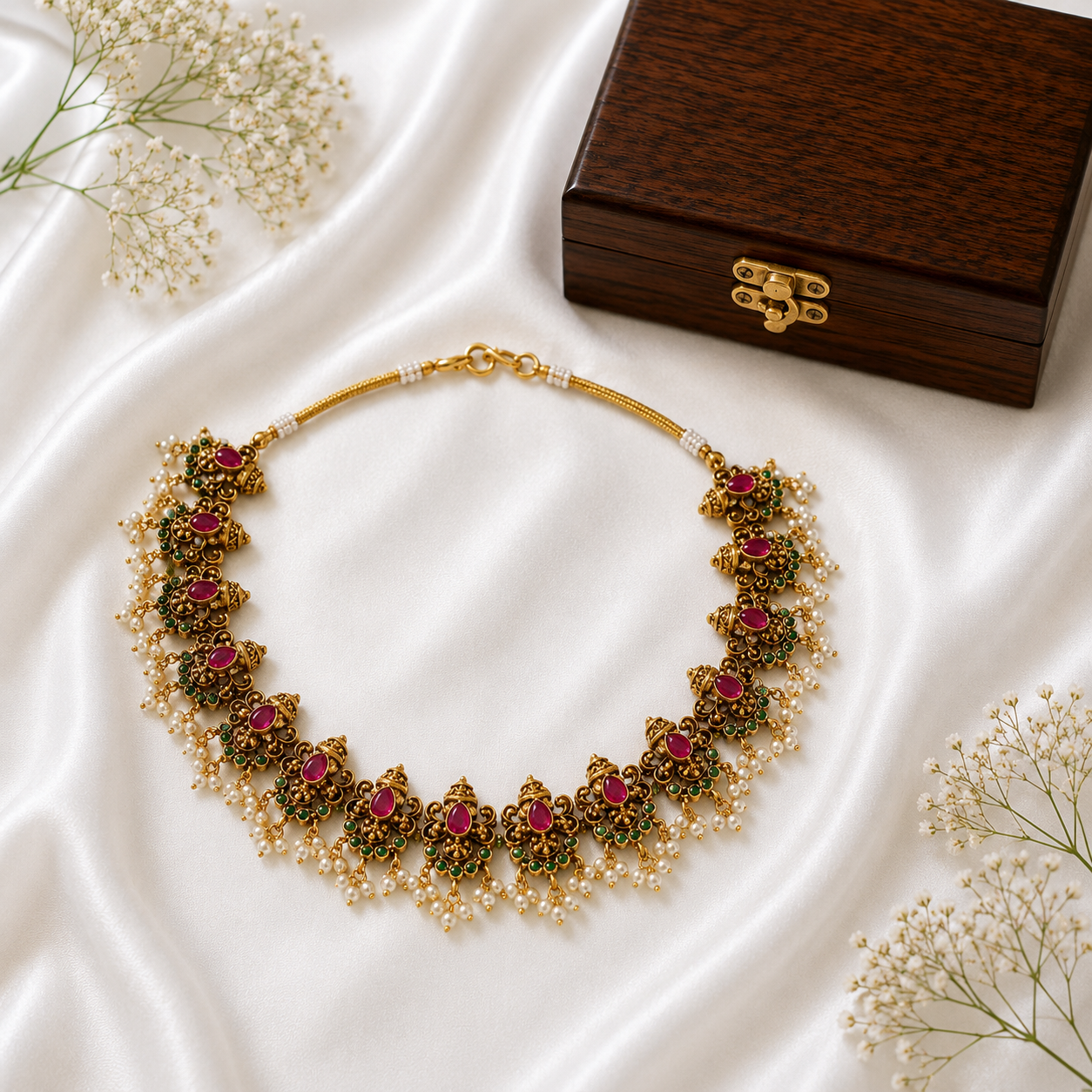 Traditional Antique Gold-Tone Green Stone Necklace Set with Pearl Tassels