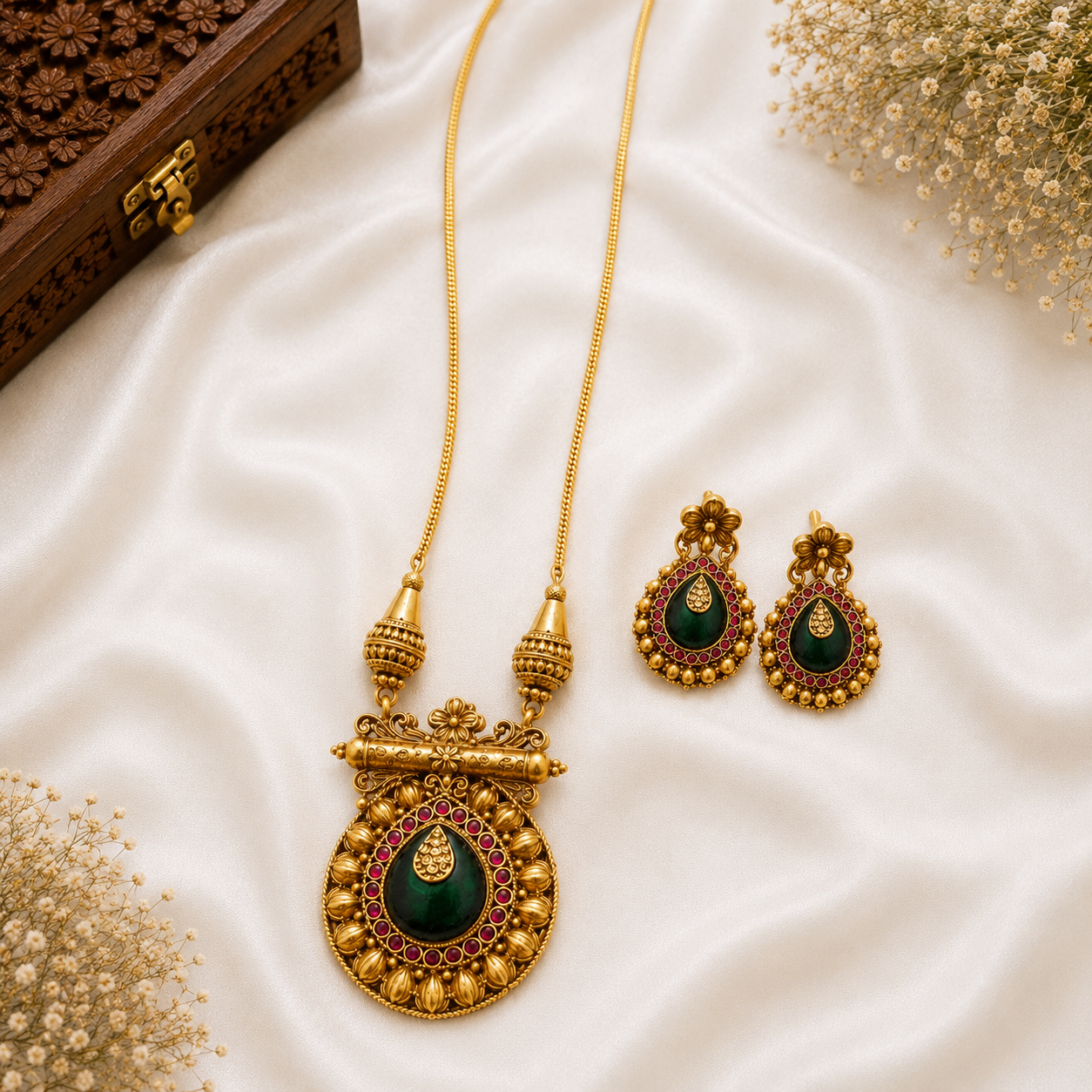 Emerald Antique Long Pendant Necklace Set
